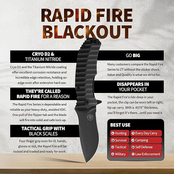 Off-Grid Knives - Rapid Fire Blackout - Large Folding Knife for Camping & EDC, Cryogenic D2 Blade Steel, Titanium Nitride Coating with G10 Scales & Deep Carry Clip