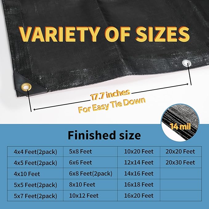 TARPAL 12x14ft tarp 14mil Black tarp Heavy Duty tarps Large Tarps，Water and UV Protection,for Outdoor Furniture Covers Waterproof,Awnings,Roofs,Tents,Pool Cover,Shade Cloth for Garden