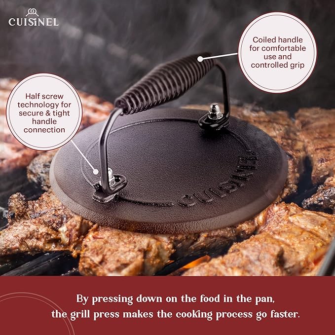 Cast Iron Skillet + Grill Press + Scraper Set - 12"-inch Pre-Seasoned Frying Pan + Silicone Handle Grip - 7" Round Burger Smasher - Indoor/Outdoor, Stove, Oven, Grill, Induction Kitchen Cookware