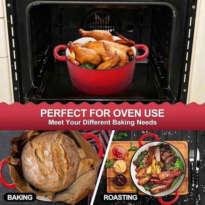 P&P CHEF 6QT Enameled Dutch Oven, Cast Iron Dutch Oven Pot with Lid for Bread Baking, Enameled Casserole Pot for Roasting Braising Stewing Frying Simmering, Various Stoves & Easy Clean, Red