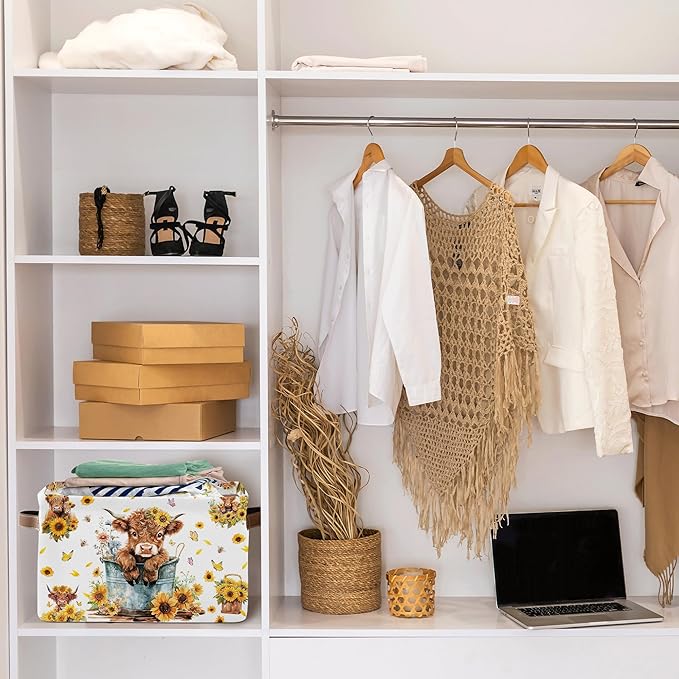 Highland Cow Rectangle Storage Basket - Highland Cow Themed Collection Collapsible Storage Baskets with Handles - Cute Cows Pattern Storages Bin for Kids Clothes, Gifts, Books,Toys