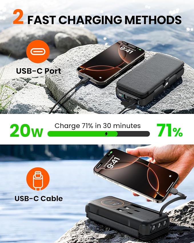 SOARAISE Wireless Solar Power Bank, 25000mAh Solar Charger with Built-in 3 Cables, Dual Outputs, 4 Solar Panels & 3 LED Flashlights, Portable Phone Charger for Outdoor Camping（Black）