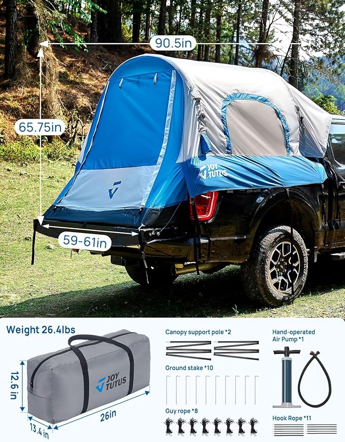JOYTUTUS Inflatable Truck Bed Tent 5.5-6.5FT with Awning, Includes Air Pump for Quick 30 S Setup, Dual-use Pickup or Camping Tent for 2 Person, Truck Tent with Waterproof Roof Shade and 3 Windows