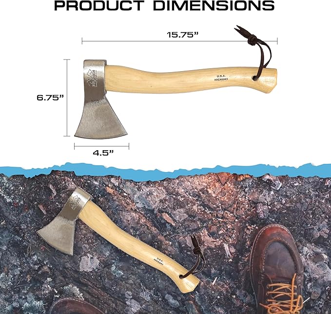 Prandi Axes German C45 Forged Carbon Steel Hatchet - Hickory Handle with Leather String - Ideal for Camping, Travel and Bushcraft - S/N 3.003.10.CH - 16" L x 6.85" W, 1000g Polished Head, No Sheath