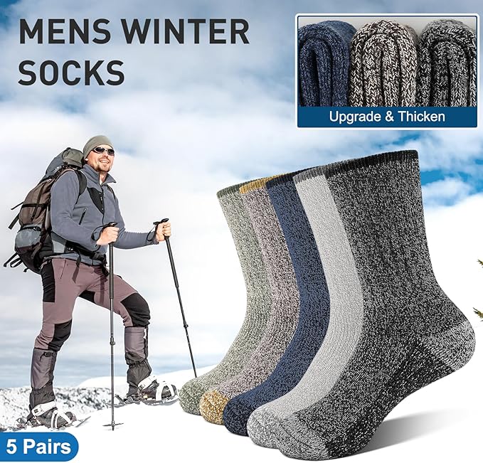 UUMIAER Merino Wool Socks for Men Hiking Thermal Warm Winter Crew Socks Thick Cushion Moisture Wicking Socks 5 Pairs