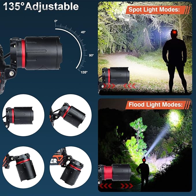 Rechargeable Headlamp 2 Set, LED Head Lamps Battery Powered, Super Bright High Lumen with 3+4 Modes Waterproof Zoomable Head lamp, 135° Adjustable for Outdoor Exploring Cycling, Fishing (2Pack)