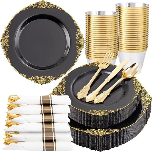 Nervure 175PCS Black Plastic Plates - Disposable Black Gold Party Plates & Pre Rolled Napkins with Cutlery for 25 Guests, 50Plates, 75Silverware, 25Cups, 25Napkin for Wedding & Party & Halloween