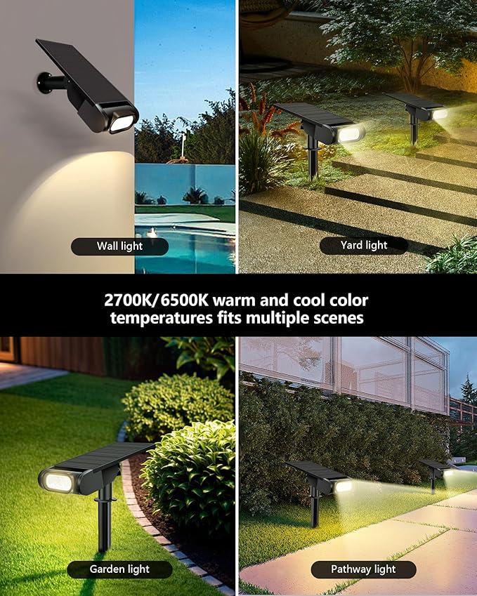 Solar Spot Lights Outdoor, 12 RGB Color Modes Landscape Light Waterproof IP67 with Remote Control, 2-in-1 Color Changing RGB/Cool/Warm White Solar Lights Outdoor for Yard Garden Pool 4 Pack