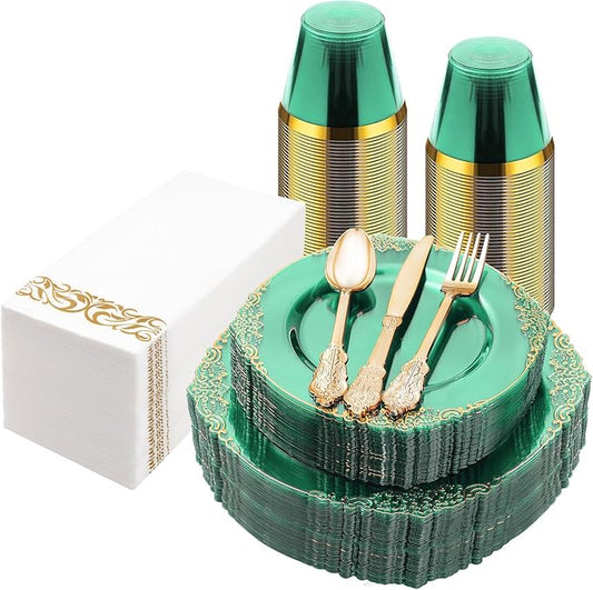 175PCS Clear Green Plastic Plates for 25 Guests, Disposable Plates with Gold Trim include 50 Dinner Plates, 75 Gold Silverware, 25 Cups, 25 Napkins for Party, Wedding and Graduation