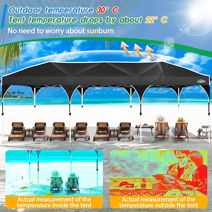 COBIZI 10X30 Party Tent 10x30 Pop Up Canopy Tent for Parties with Wheeled Bag|Push Center Lock & 5 Sidewalls|Waterproof & UPF50+|Gazebo Outdoor Canopy for Wedding,BBQ with 8 Stakes & 16 Ropes,Black