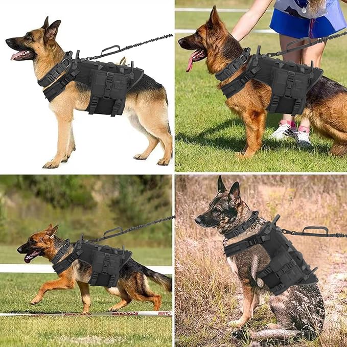 Tactical Dog Vest Harness and Training Dog Collar with Bungee Dog Leash Set No Pull Military Dog Harness with 2 Detachable and 1 Water Bottle Pouches for Outdoor Training Service, Black L