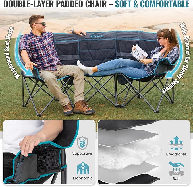 FUNDANGO Double Camping Chair with Cooler, 3 Person Folding Oversized Loveseat Camp Chairs for Adults Fully Padded Couch with Cup Holder for Outdoor Lawn Beach Patio Support 1000 LBS Black/Blue