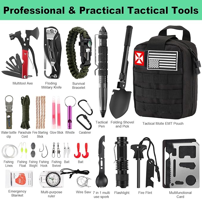 Survival Kit 256 in 1, First Aid Kit Survival Gear Tools Trauma Kit with Molle Pouch for Outdoor, Camping, Hunting, Hiking, Earthquake, Home, Office, Gifts for Men Dad Husband Women