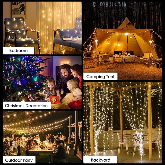 Camping String Lights with Remote Control, 4 in 1 Portable Camping Light Rechargeable, 14 Lighting Modes, USB Charging, Quick Storage, 32.8ft Waterproof Tent Light for Hiking, Yard, Christmas