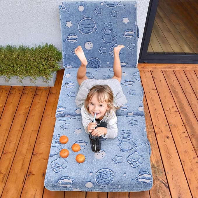 MeMoreCool Glow Space-Themed Foldable Floor Mattress for Kids, Trifold Nap Mat with Planets and Stars, Portable Daycare Sleeping Futon or Floor Bed, 57x22 Inch