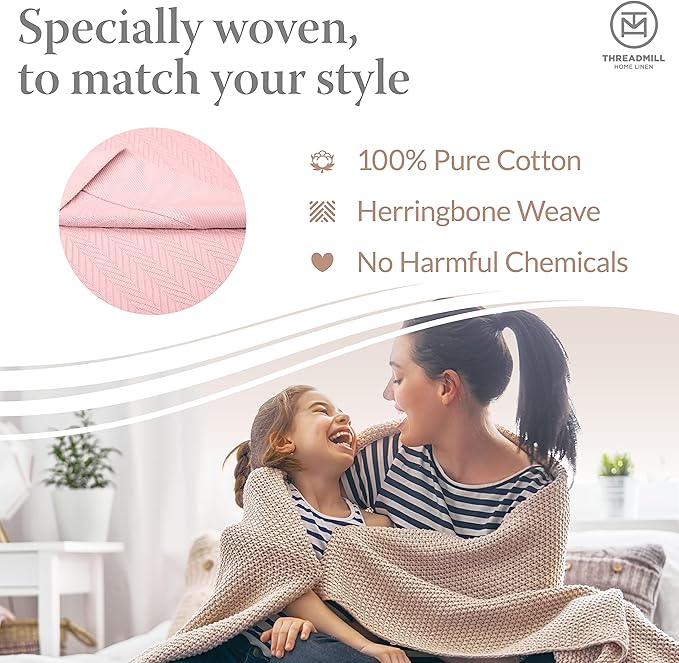 Threadmill Luxury Cotton Blankets for Queen Size Bed | All-Season 100% Cotton Queen Size Blanket | Herringbone Cozy, Soft Breathable Fall Thermal Blanket fits Full Size Bed | English Rose