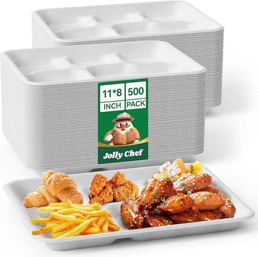 JOLLY CHEF Compostable 𝟱 Compartment Paper Plates 𝟭𝟭 * 𝟴 𝗶𝗻𝗰𝗵 [𝟱𝟬𝟬 𝗣𝗮𝗰𝗸] Heavy Duty White Divided Disposable Plate Eco-Friendly Biodegradable Container Food Trays for Party Lunch Buffet