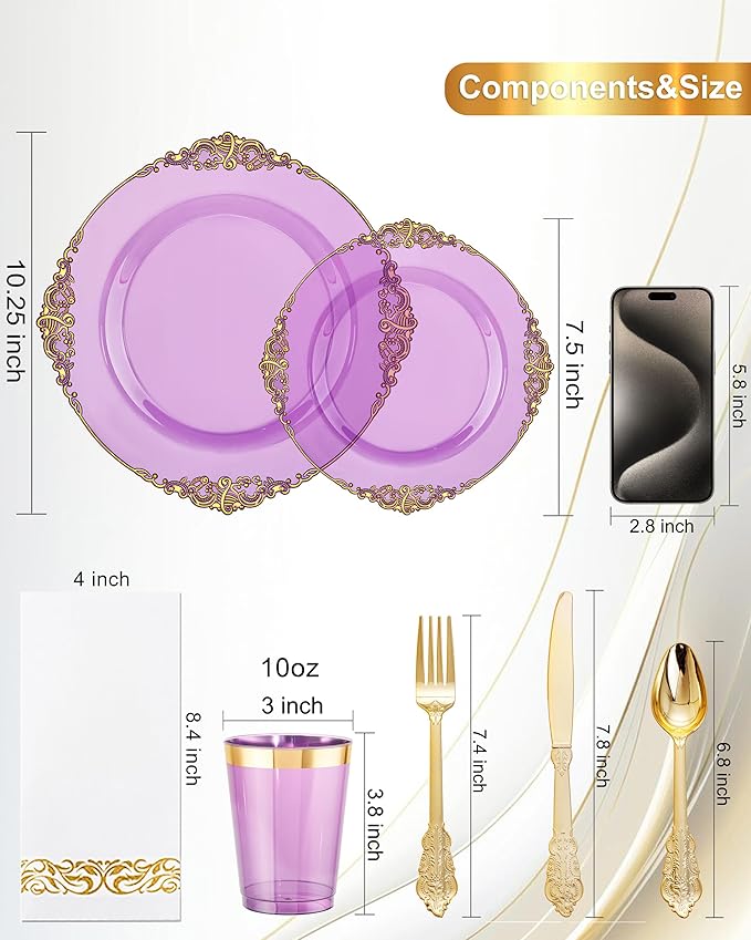 Nervure 175PCS Clear Purple Plastic Plates - Purple Party Plates Set for 25 Guests Include 25Dinner Plate, 25Dessert Plate, 25Cups, 75 Cutlery, 25Napkins Perfect for Wedding & Party