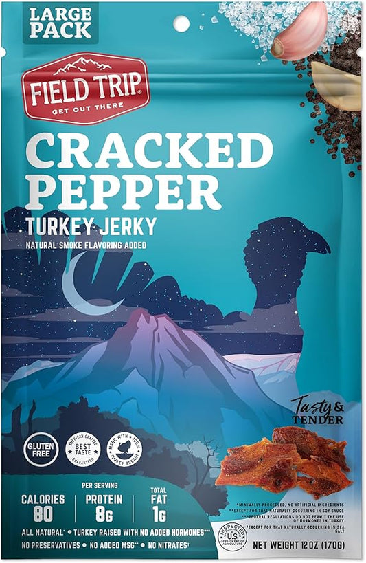 Field Trip Turkey Jerky, All Natural, Gluten Free Dried Turkey Meat, Healthy, Paleo-Friendly Low Carb Snack, High Protein Snacks with No Nitrates, 12oz Bag, Cracked Pepper