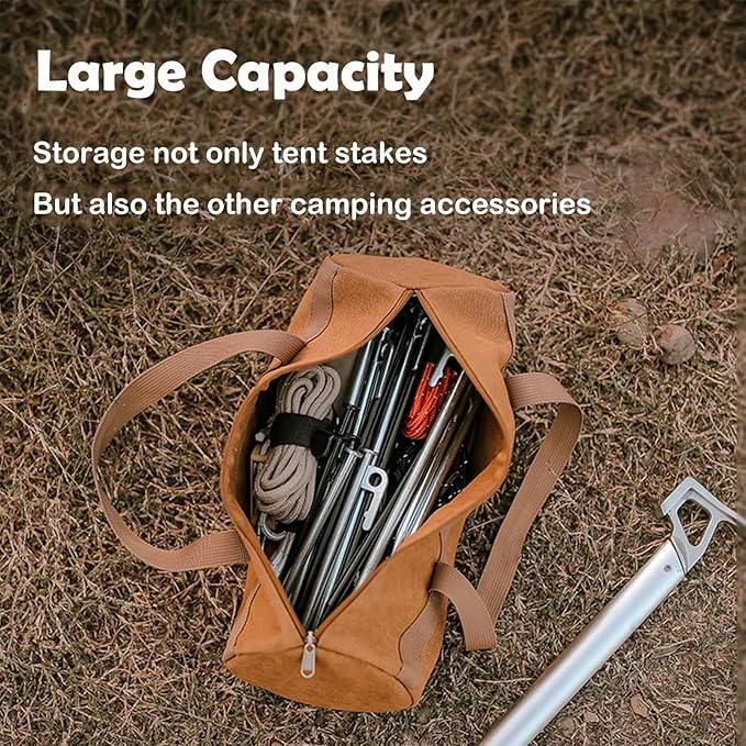 Tent Stakes Bag, Double Layer Tent Pole Pegs Storage Bag, Camping Accessories Large-Capacity Canvas Tool Bag with Zipper for Man Camping, Hiking (40cm Khaki)