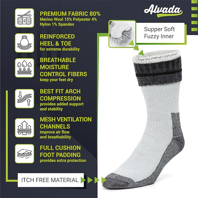 Alvada Merino Wool Hiking Socks Thermal Warm Crew Winter Boot Sock For Men & Women 3 Pairs