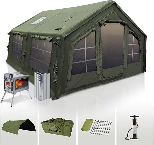 Coody | Rbm Outdoors Koala/Hub/Octopus Inflatable Tents for Camping with Stove Jack, 2/8/10 Person Luxury Canvas Blow Up Tent, 2 Room, Easy Setup Casa de Campaña, Large Inflatable House with Pump