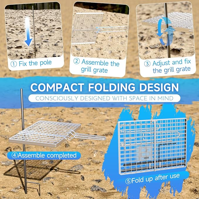 Swivel Campfire Grill Grate, 360°Adjustable Heavy Duty Steel Grate Camping Grill, Portable Camping Essentials, BBQ Over Fire Pit Grill, Fire Racks Cooking Equipment for Outdoor Open Flame Cooking
