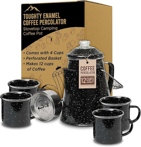 Toughty Classic Percolator Coffee Pot with 4 Enamel Mugs and Stainless Steel Filter - Original Camping Coffee Pot, Now Modernized – For Campsite Brewmasters