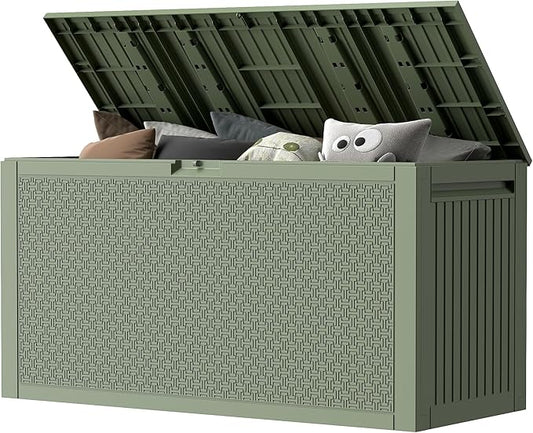 90 Gallon Outdoor Storage Box, Lockable Outside Storage Box Waterproof, Patio Cushions Deck Storage Boxes, Rattan Plastic Garden Hose Containers Resin Pool Storage Bins with lids, Sage Green