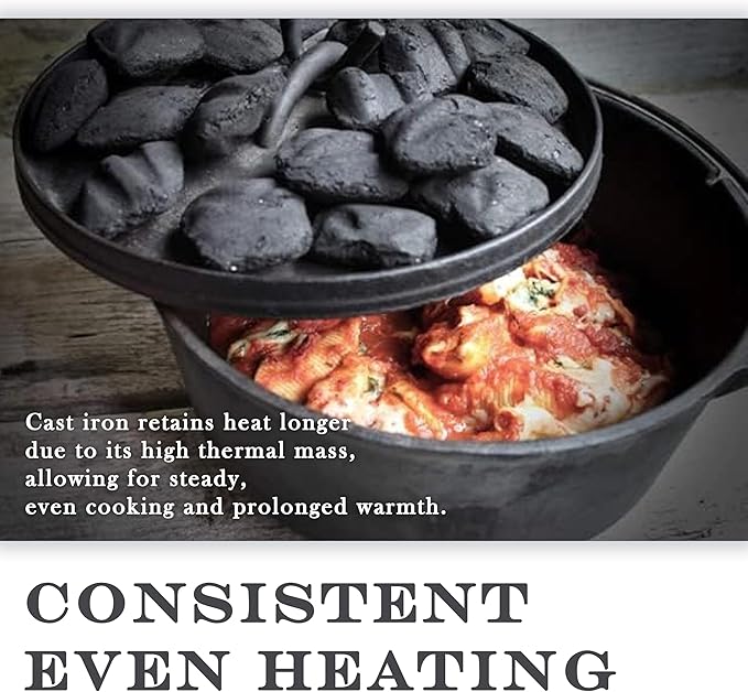 Cuisiland 9 Quart Cast Iron Dutch Oven with Lip Lid & 3 legs – Pre-Seasoned Camping Pot for Outdoor Cooking, Roasting, and Baking – Heavy-Duty Campfire Cookware with Even Heat Distribution