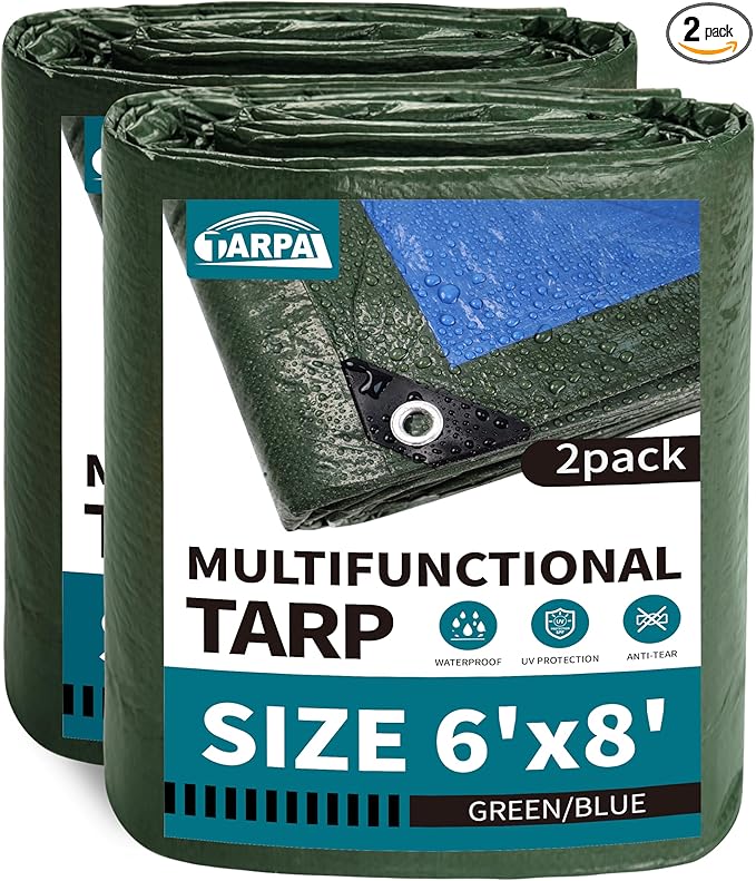 TARPAL 6x8 Feet Green Tarp Waterproof (2 Pack) Small tarps Multipurpose Protective Cover All Purpose Poly Tarps Cover for Firewood Outdoor Furniture etc