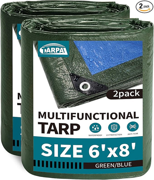 TARPAL 6x8 Feet Green Tarp Waterproof (2 Pack) Small tarps Multipurpose Protective Cover All Purpose Poly Tarps Cover for Firewood Outdoor Furniture etc