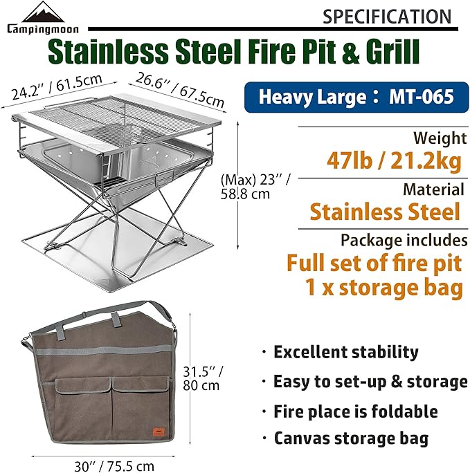 CAMPINGMOON Foldable Fire Pit Charcoal Grill Wood Burning Heavy Large 24-inch Stainless Steel with Duty Storage Bag MT-065