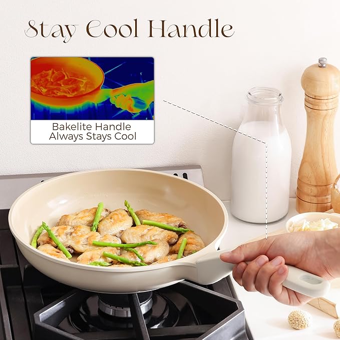 Nonstick Ceramic Frying Pan with Lid, 8/10 Inch Skillet with Stay Cool Handle, Fully Coated, 100% Dishwasher Safe, Oven Safe, PTFE PFAS & PFOA Free (8 Inch, Coconut White