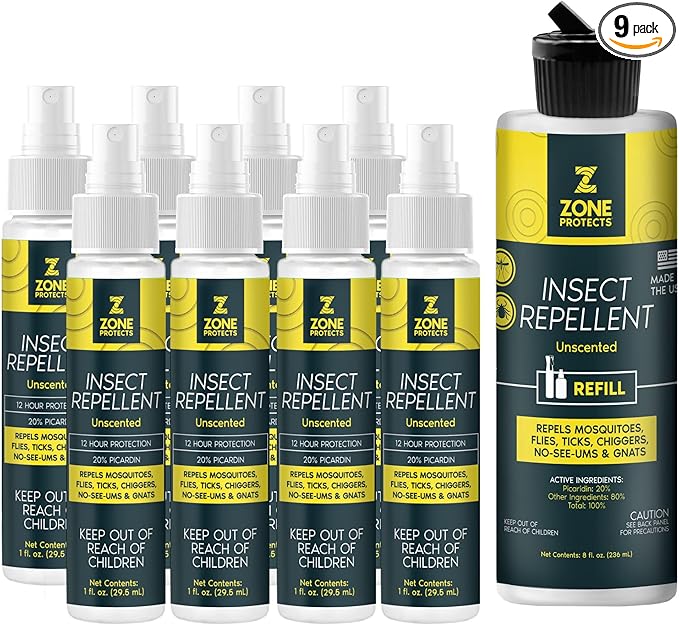 Picaridin Insect Repellent Spray Bundle; Unscented; Contains Eight 1oz Spray Bottles Plus an 8oz Refill; 12-hrs Protection Against Mosquitoes, Ticks and Chiggers