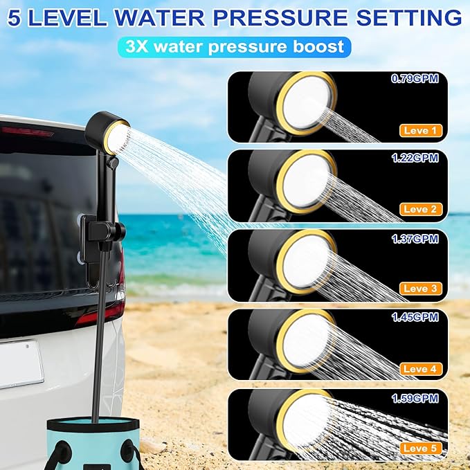 Portable Shower for Camping, 8000mAh Rechargeable Camping Shower Pump with 3X Stronger Water Flow, 5 Pressure Levels & 4 Shower Modes Outdoor Shower with Intelligent LED Display for Hiking Travel Pet