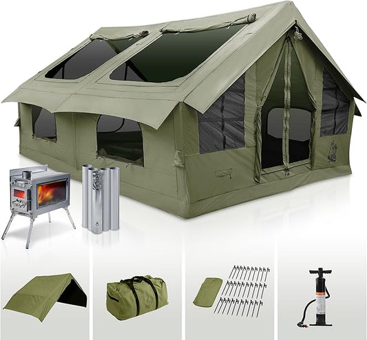 Panda Inflatable Tents for Camping with Stove Jack, Canvas Blow Up, Easy Setup Inflatable Tent, Waterproof Hot Inflatable Outdoor House, Casa de Campaña with Hand Pump