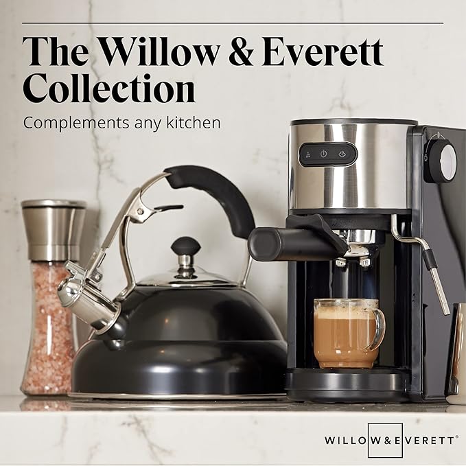 Willow & Everett Whistling Tea Kettle for Stove Top - 3 Liter Tea Pots for Stove Top w/Stainless Steel, Brushed Finish and Strainer - Tea, Coffee & Hot Water Pot, Red