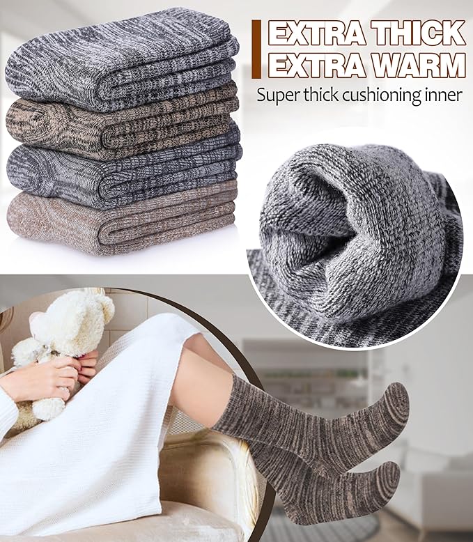 LANLEO Merino Wool Hiking Socks for Women Men Thermal Extra Thick Winter Warm Comfy Cushioning Crew Boot Socks 4 Pairs