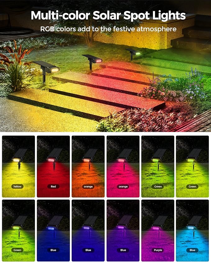 Solar Spot Lights Outdoor, 12 RGB Color Modes Landscape Light Waterproof IP67 with Remote Control, 2-in-1 Color Changing RGB/Cool/Warm White Solar Lights Outdoor for Yard Garden Pool 4 Pack