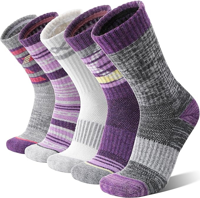 5 Pairs Merino Wool Hiking Socks Thermal Winter Warm Moisture Wicking Cushion Outdoor Socks for Women & Men