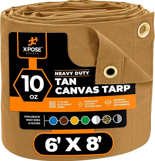 Xpose Safety Canvas Tarp - 10oz Tan Canvas Tarps Heavy Duty Water Resistant with Brass Grommets- Multipurpose Outdoor Tarpaulin for Camping, Canopy, Trailer, Equipment Cover 6' x 8'