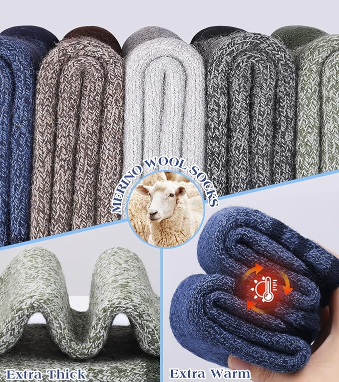 Yeblues 5 Pairs Wool Socks Mens, Winter Thick Merino Warm Hiking Socks,Soft Casual Thermal Crew Socks