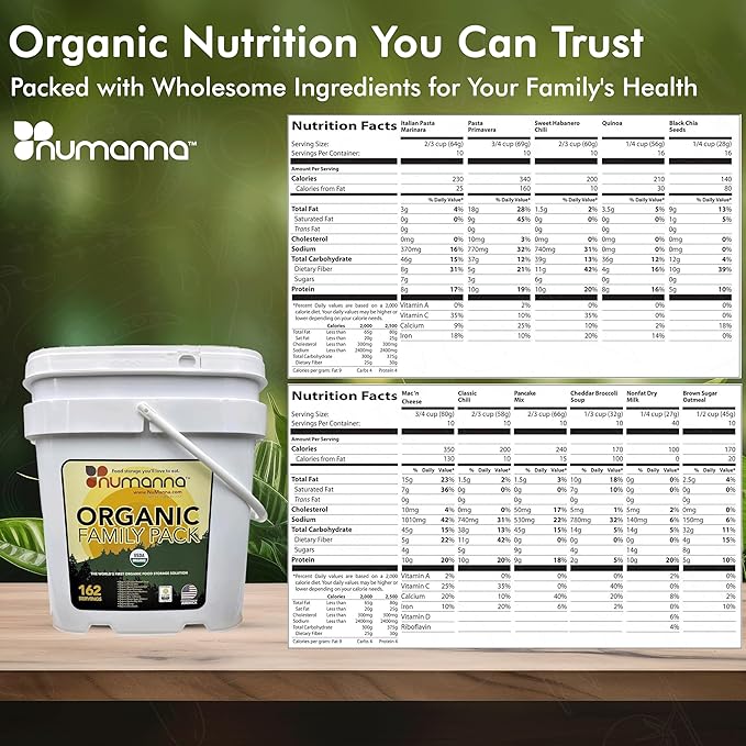 Numanna Organic Family Pack Bucket 162 Servings | USDA Organic, CCOF Certified | 1-Month Meal Kit | Ready-to-Eat Survival Meals | 25-Year Shelf Life | USA Made | Ideal for Daily Use & Emergency Prep