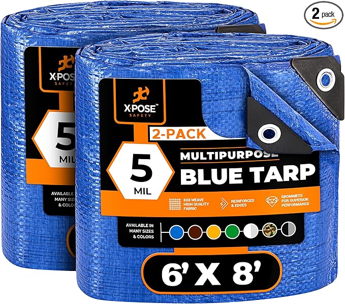 Better Blue Poly Tarp 6' x 8' (2-Pack) - Multipurpose Protective Cover - Lightweight, Durable, Waterproof, Weather Proof - 5 Mil Thick Polyethylene - by Xpose Safety