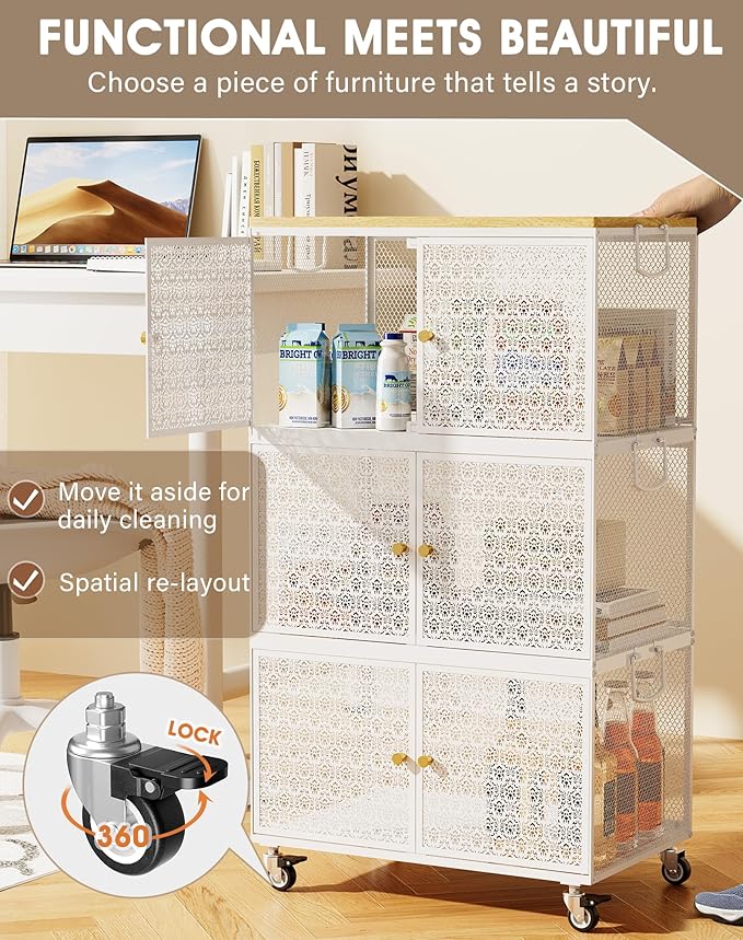 3 Tier Metal Storage Bins and Boxes Organizer, Magnetic Doors & 360°Swivel Lockable Wheels, Easy,labor-Saving, Ocean Life Cutout Pattern, Eco-Aesthetic for Living Room,Bedroom,bathroom,kitchen