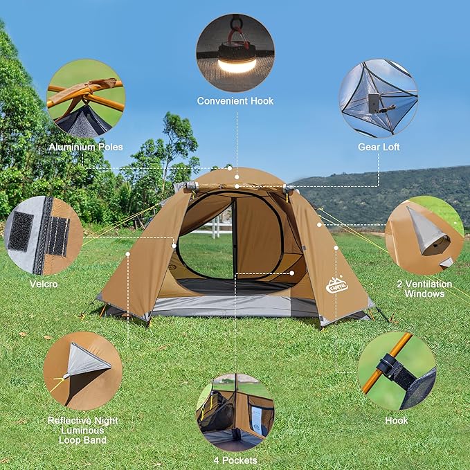 2-3 Person Backpacking Tent with Double Door 2 Vestibule, Waterproof Windproof Lightweight Easy Set Up 3 Season 2 Man Two Person Tent for Camping, Hiking, Motorcycle, Mountaineering with UPF 50+