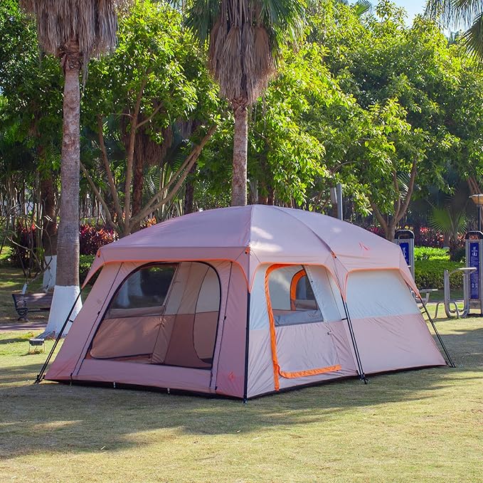 KTT Extra Large Tent 6-10-12-14 Person(A),Family Cabin Tents,2 Rooms,3 Doors and 3 Windows with Mesh,Straight Wall,Waterproof,Double Layer,Big Tent for Outdoor,Picnic,Camping,Family Gathering