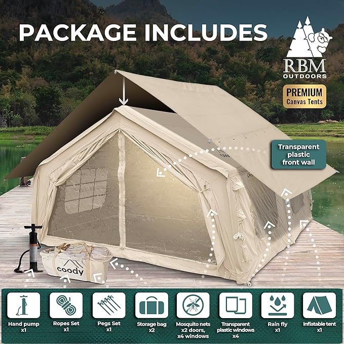 Coody | Rbm Outdoors Koala/Hub/Octopus Inflatable Tents for Camping with Stove Jack, 2/8/10 Person Luxury Canvas Blow Up Tent, 2 Room, Easy Setup Casa de Campaña, Large Inflatable House with Pump