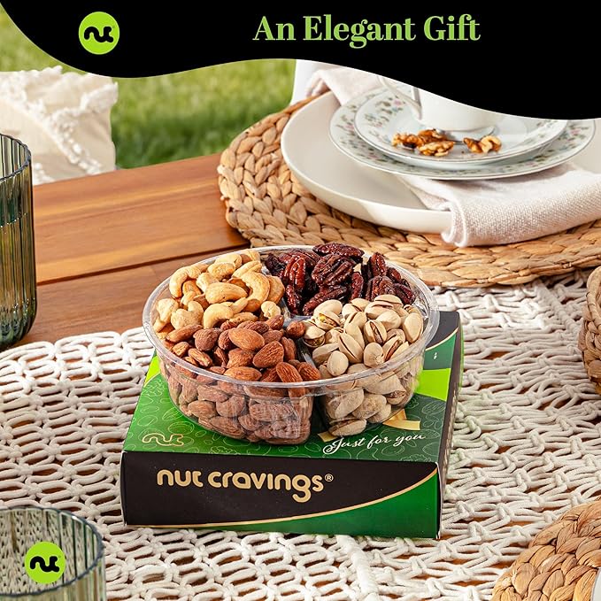NUT CRAVINGS - Diwali Sweets Hamper Mixed Nuts Gift Basket in Green Gold Box (4 Assortments) Food Arrangement, Healthy Snack Care Package, Food Assortments